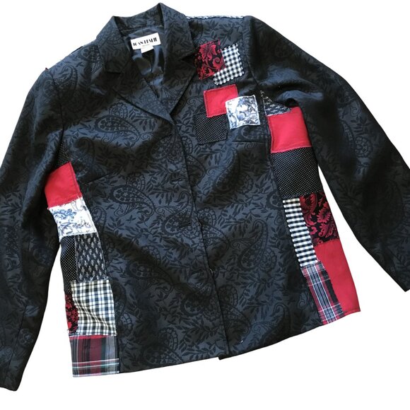 Upcycled Patchwork Jacket, Handcrafted Boho Red Black White Blazer, Size 14P - Picture 5 of 10